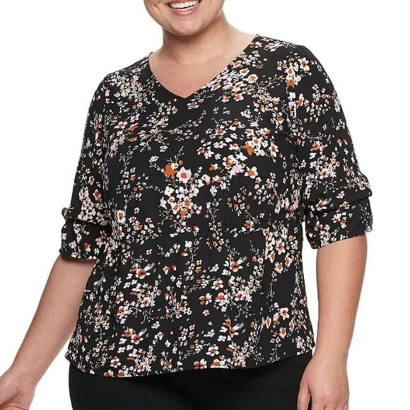 EVRI 1X Black Tan White Black Floral V-Neck Top Blouse Office Chic Flattering - Picture 1 of 9